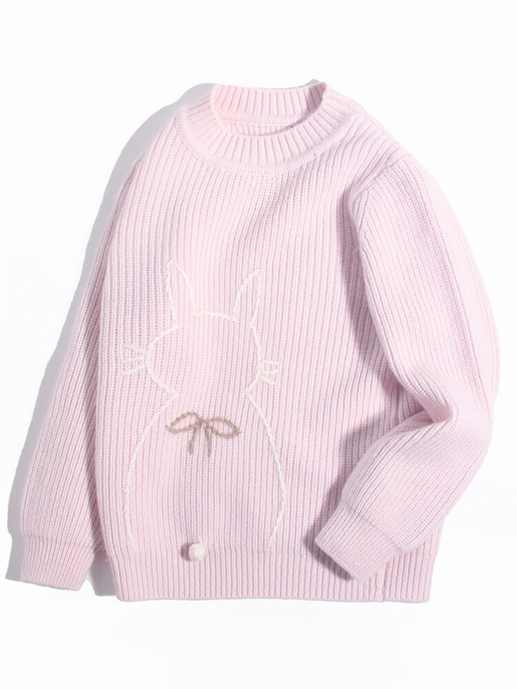 (image for) Light Pink Bunny and Bow Outline Cashmere Ribbed Knit Sweater